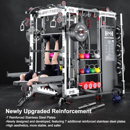 Image of Smith Machine with Weight Stacks Power Cage Squat Rack Dual Cable Crossover Machine, LAT Pull-Down All in One Home Gym Systems