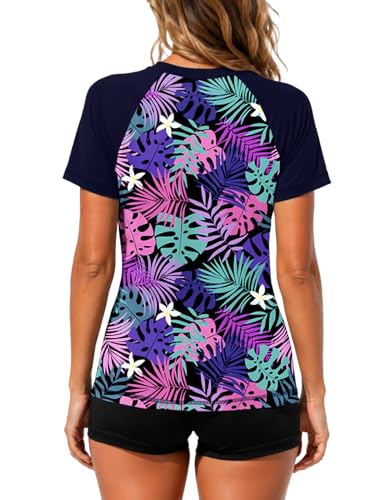 Image of AOBUTE Women Short Sleeve Rash Guard UPF 50+ Tropical Sun Protection Floral Swim Shirts