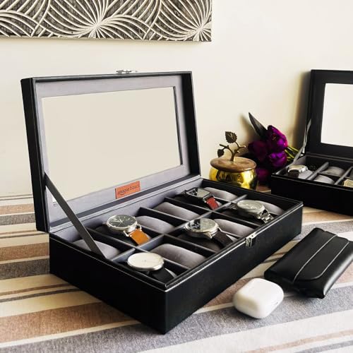 Image of Amazon Basics Unisex Faux Leather Watch Organiser Box with 12 Slots |Watch Organiser with Transparent Lid (Black)