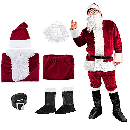 Christmas Santa Claus Suit, Adult Men's Santa Costume, Xmas Classic Flannel Cosplay Clothes, Santa Fancy Suits Outfit (Deep red-6pcs)