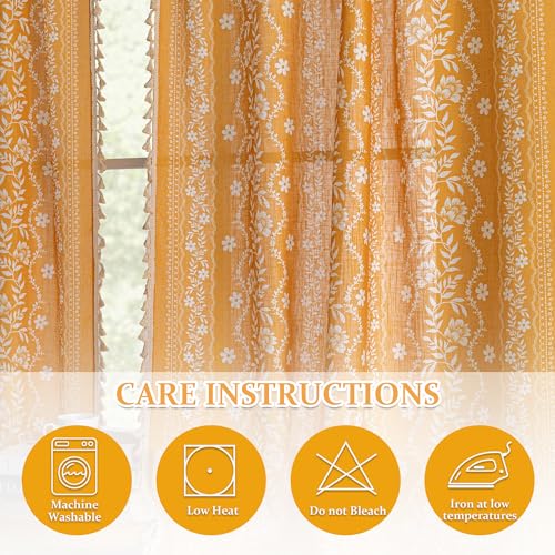 Image of MYSKY HOME Boho Floral Linen Curtains 72 Inch Length for Cafe 2 Panels