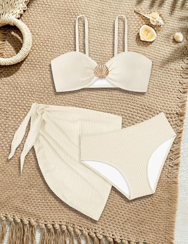 Image of Girls Swimsuit V Neck Bikini Set Color Block with Cover Up 3Pcs Bathing Suits