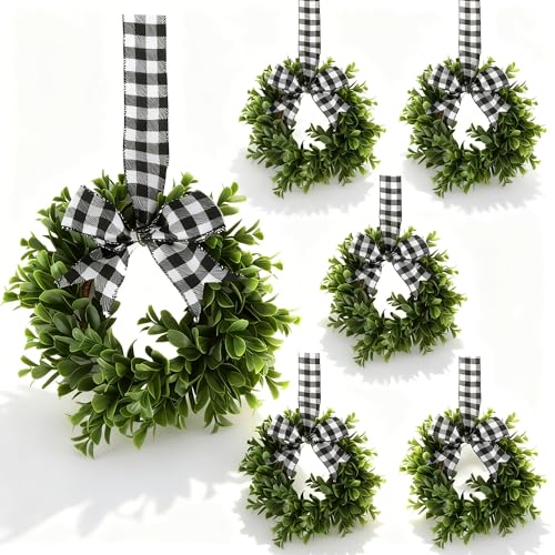 6 Pcs 9 Mini Eucalyptus Wreaths for Kitchen Cabinets Small Farmhouse Greenery Wreath with Buffalo Check Bow Realistic Boxwood Leaf Window Indoor Outdoor Decor UV Protected