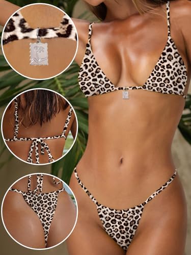 Image of OWICA Women's Sexy Triangle Bikini Sets Cheeky Thong Swimsuit Adjustable Spaghetti Straps Bathing Suit