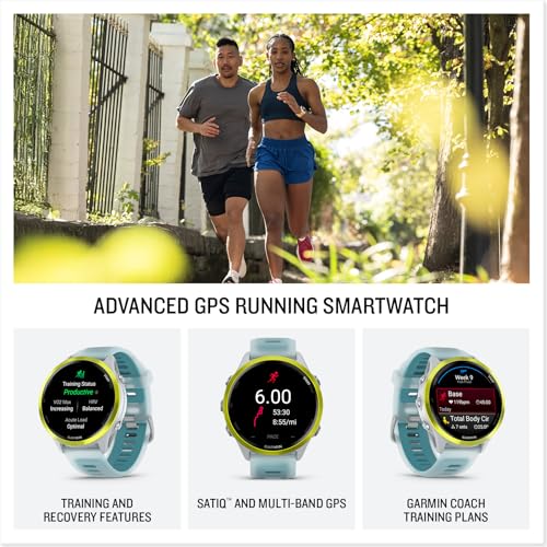 Image of Garmin Forerunner 570, 47mm, Advanced GPS Running and Triathlon Smartwatch, AMOLED Display, Training and Recovery Features, Amp Yellow Aluminum with Translucent Whitestone /Turquoise Band