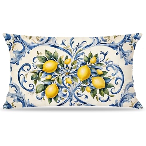Image of Summer Lemon Coastal Pillow Cover 12x20 Double-Sided,Italian Lemon Fruit Home Decor,Blue and Yellow Amalfi Coast Party Decorative Lumber Throw Pillow Cover for Home Bedroom Living Room