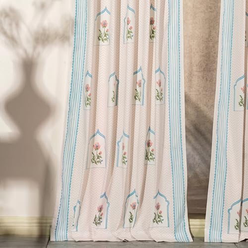 Image of Tranquebar Curtain Co. Window Curtains 5 Feet, 60-65% Room Darkening,Pink Mughal Print, Cotton Curtains for Window, Cotton Curtains 5 Feet Long Set of 2, BackTab Loops,Mehr (152 cm) - Set of 2