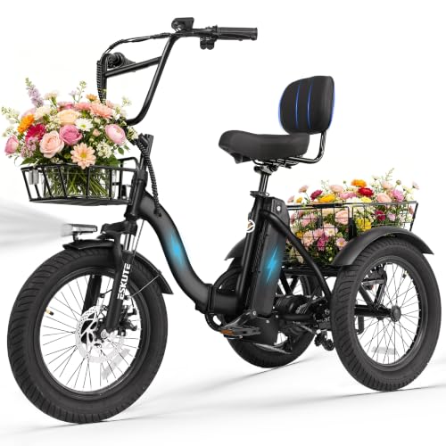 Ligood T300 Electric Tricycle for Adults Peak 1200W Motor Folding E-Trike 48V 13Ah Battery 18 x 3.0 Fat Tire 3-Wheel Electric Bike Step-Thru Ebike with Basket Up to 65 Miles & 18 MPH Black