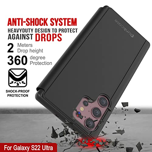 Punkcase S22 Ultra Reflector Case Protective Flip Cover W/Scratch Resistant Translucent Mirror Front & Non-Slip PU Leather Back Integrated Kickstand for Galaxy S22 Ultra 5G (6.8") (2022) (Black) - Image 4