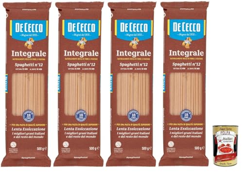 De Cecco Integrale Spaghetti n°12, pasta de trigo duro completa 4 x 500 g - secado lento, textura firme, cocción 12 min (al diente 10 min) - Fabricado en Italia + Italian Gourmet Polpa 400 g