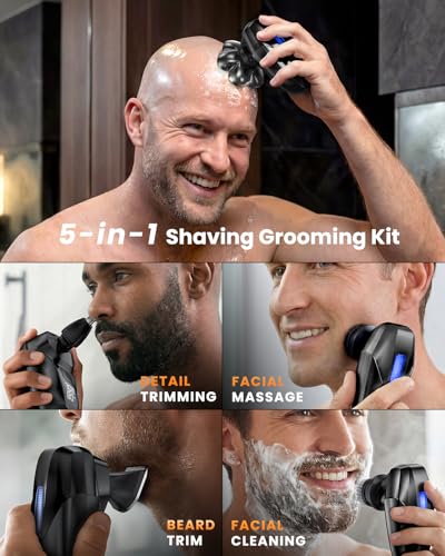 Image of Head Shavers for Bald Men, 5-in-1 Electric Shaver Grooming Kit, 7D Floating IPX7 Waterproof Rechargeable Wet /Dry Razor for Skull Bald Head, Body Hair, with Massager, Black