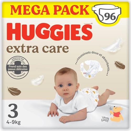 HUGGIES Extra Care - Couches bébé Taille 3 (6-10kg) - Pack de 96 couches - extra doux - barrières anti fuite - facile à changer - hypoallergénique et...