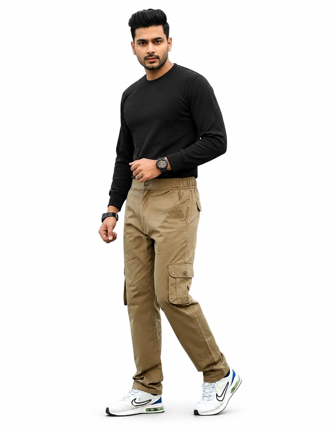 update trend Updare Trend Men's Casual Cargo Pants, Khaki Cotton, Elastic Waist, Multiple Pockets, Relaxed Fit, Outdoor Wear-picture-11