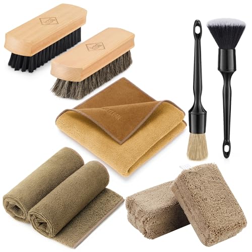 Fantasticlean 9PC Car Detailing Kit，Boars Hair Brush，Horse Hair Bristle，Suede-Coral Cloth，Car Dust Brush，Microfiber Towel & Applicator，Scratch-Free & Ultra-Soft for Leather, Seats & Interior Cleaning