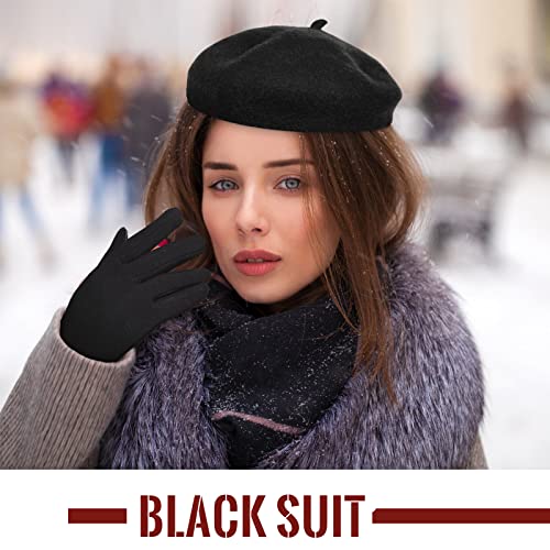 Image of Beret Hats for Women Warm Winter Gloves Set 3 Pcs French Style Beanie Cap with 3 Pairs Touchscreen Windproof Gloves for Winter Using