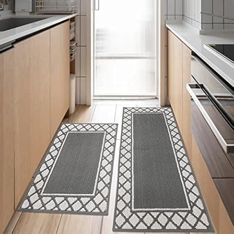 COSY HOMEER Thick 60x24 Inch/35X24 Inch Kitchen Rug Mats Made of 100% Polypropylene 2 Pieces Soft Kitchen Mat Specialized in Anti Slippery and Machine Washable (Grey) Cover
