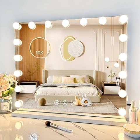 NUSVAN Vanity Mirror with Lights,Makeup Mirror with Lights with 17 Dimmable LED Bulbs, 3 Color Lighting Modes Detachable 10X Magnification Mirror Touch Control, 23.6X19,7 inch, White Cover