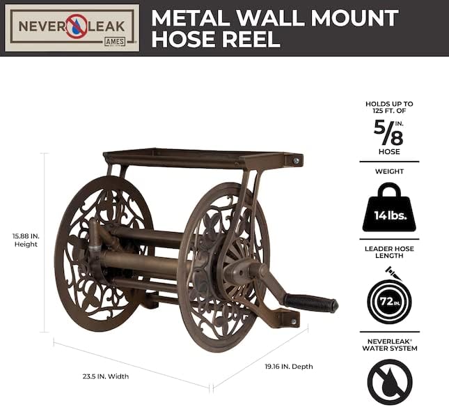 Diagram showing dimensions and capacity of the AMES NeverLeak hose reel