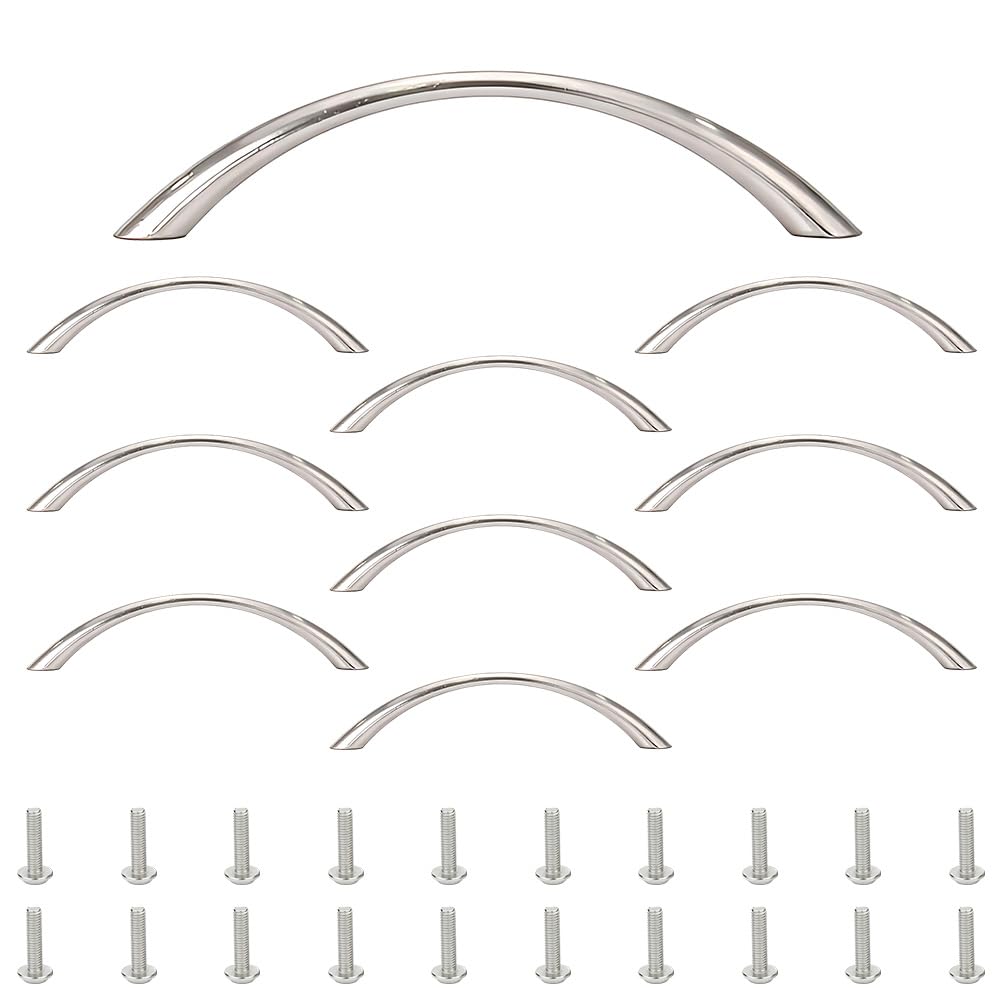 ONEBO 10 Pcs Silver Curved Kitchen Cabinet Handles, Hardware Drawer Pulls, Wardrobe Furniture Replacement, for Gates, Barns and Shed Doors (96mm Hole Centre)