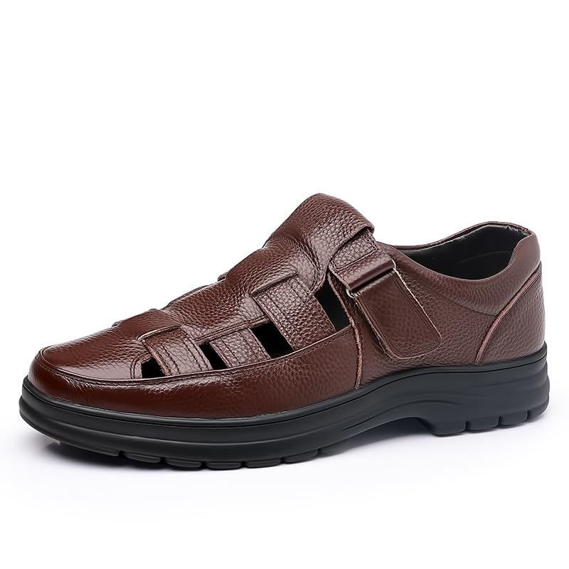 Men's leather sandals, comfortable walking shoes, brown and black, breathable casual style, with non-slip soles.