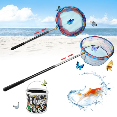 WEFHEF Rede de borboleta telescópica, extensível, 65 cm a 145 cm, rede captura insetos com cubo batedor dobrável de 3 l, redes telescópicas para crianças para apanhar insetos, pesca