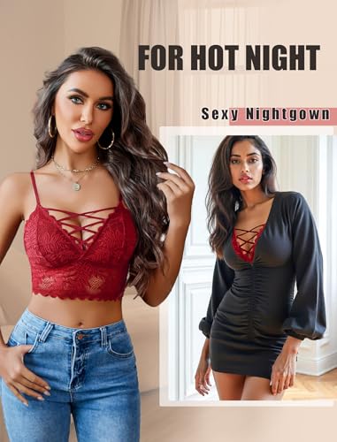 Image of Avidlove Bralettes for Women V Neck Lace Camisole Y2K Tank Top Strappy Cami Unpadded Bra Lingerie Crop Tops Outfits