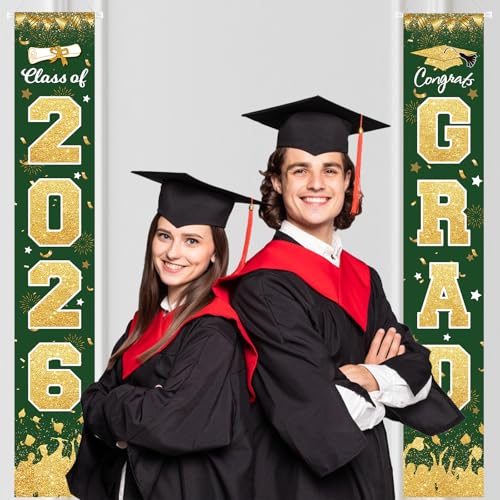 Image of 2026 Graduation Porch Sign Banner Green Gold | Class of 2026 Congrats Grad Porch Sign Banner Hanging Flag Graduation Party Decorations for School College Classroom Decor