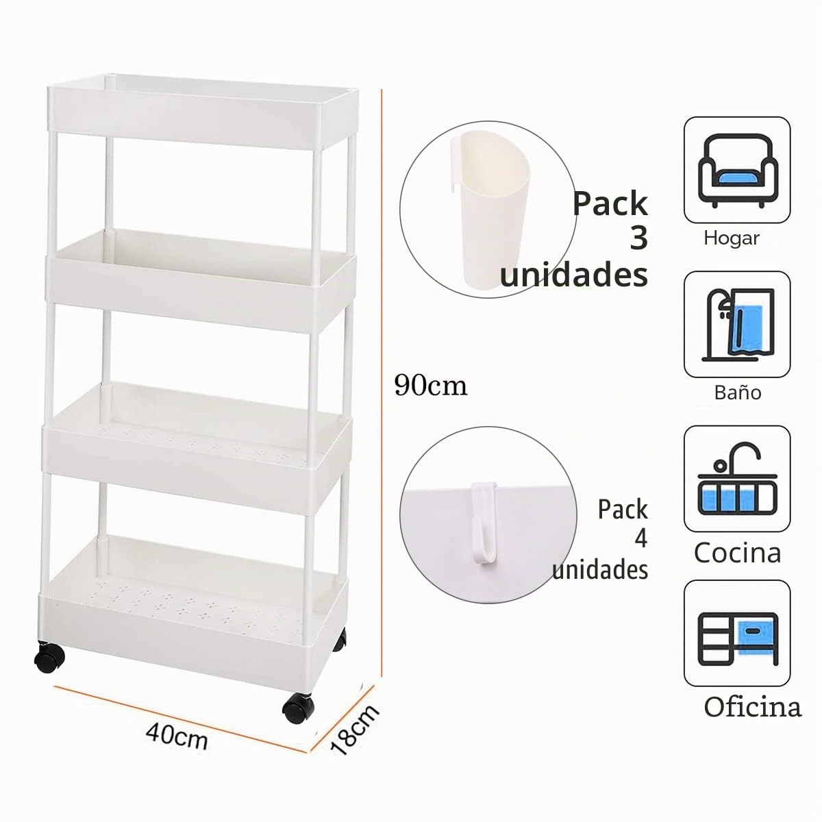 Carro de Almacenamiento Multifuncional de 4 Capas para Cocina, baño, lavadero, Oficina (Blanco)