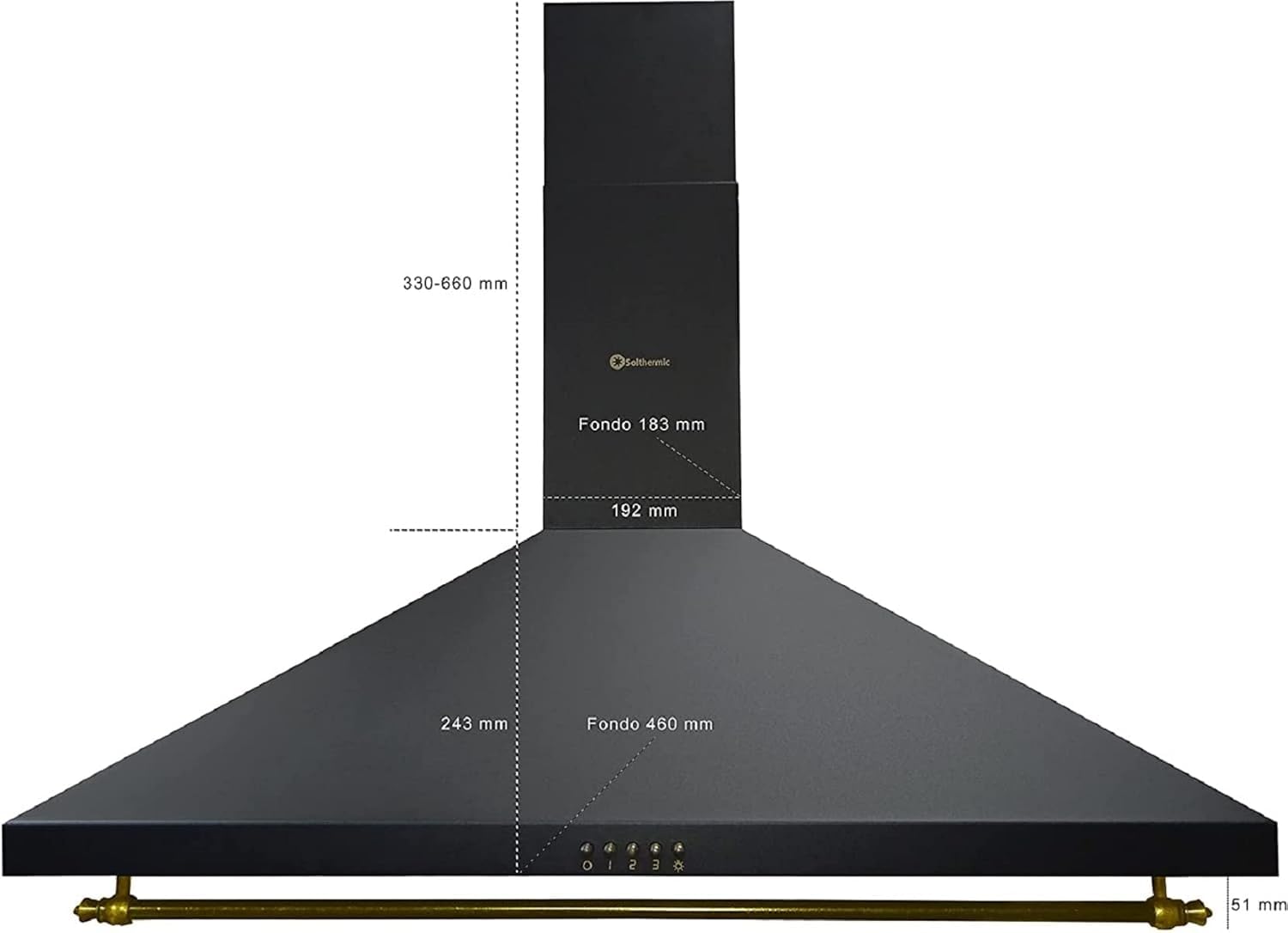 PACK SOLTHERMIC F9L50E5RB HORNO PANORAMICO ELECTRICO Y CAMPANA H90PR NEGRO RÚSTICO ACABADOS DORADOS / 90 CM/HORNO 115l