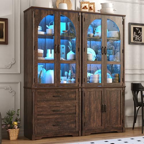 Image of 75 inch Tall Farmhouse Kitchen Pantry Cabinet with LED Lights,4 Doors Wood Storage Cabinet w Arched Glass Doors /Drawers,Pantry Organizers and Storage,Rustic Wood Cupboard for Kitchen,Dining Room(Brown)