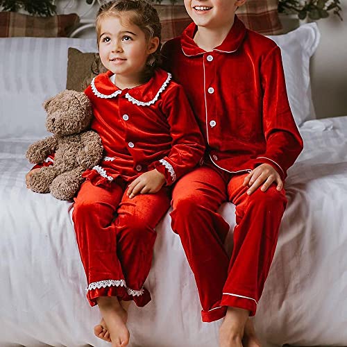 Kids Tales Boys Girls Velvet Pajama Sets Christmas Button Down Tops + Long Pants 2PCS Velour Long Sleeve Outfits2