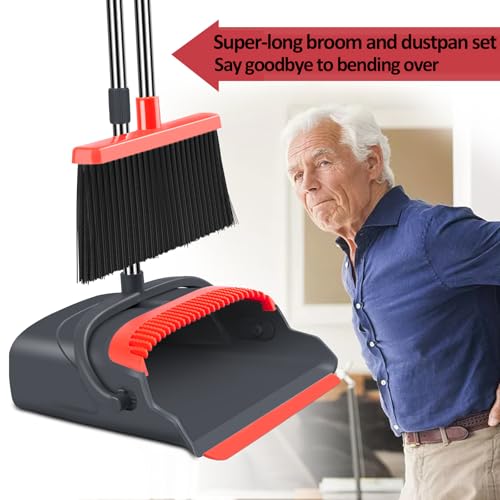 Image of Upgrade Broom and Dustpan Set, Broom with Dustpan Combo Set, Large Size and with Long Handle, Upright,Ideal for Indoor Outdoor Garage Kitchen Room Office Lobby Use (Black&Red)