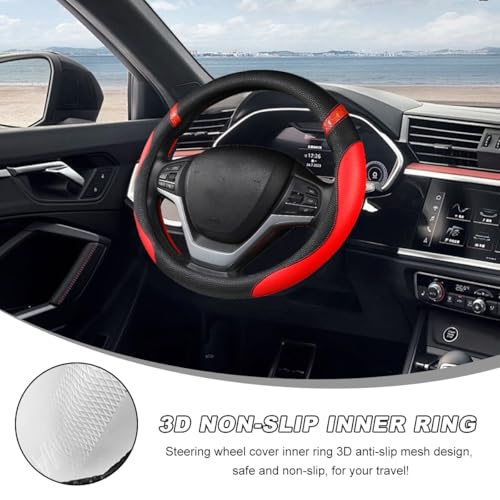 Image of Car Steering Wheel Cover, 15 Inch Premium Leather Breathable Non-Slip Wheels Wrap, Universal Auto Comfortable Steering Wheel Protector for SUV Truck Van, Car Accessories (Red)