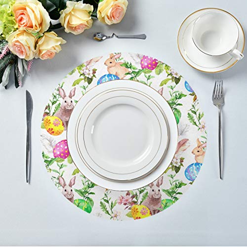 Easter Placemats Easter Bunny Eggs In Grass Flowers Round Placemats Set Of 6 For Kitchen Table Washable Kitchen Table Mats Place Mats #TOP3