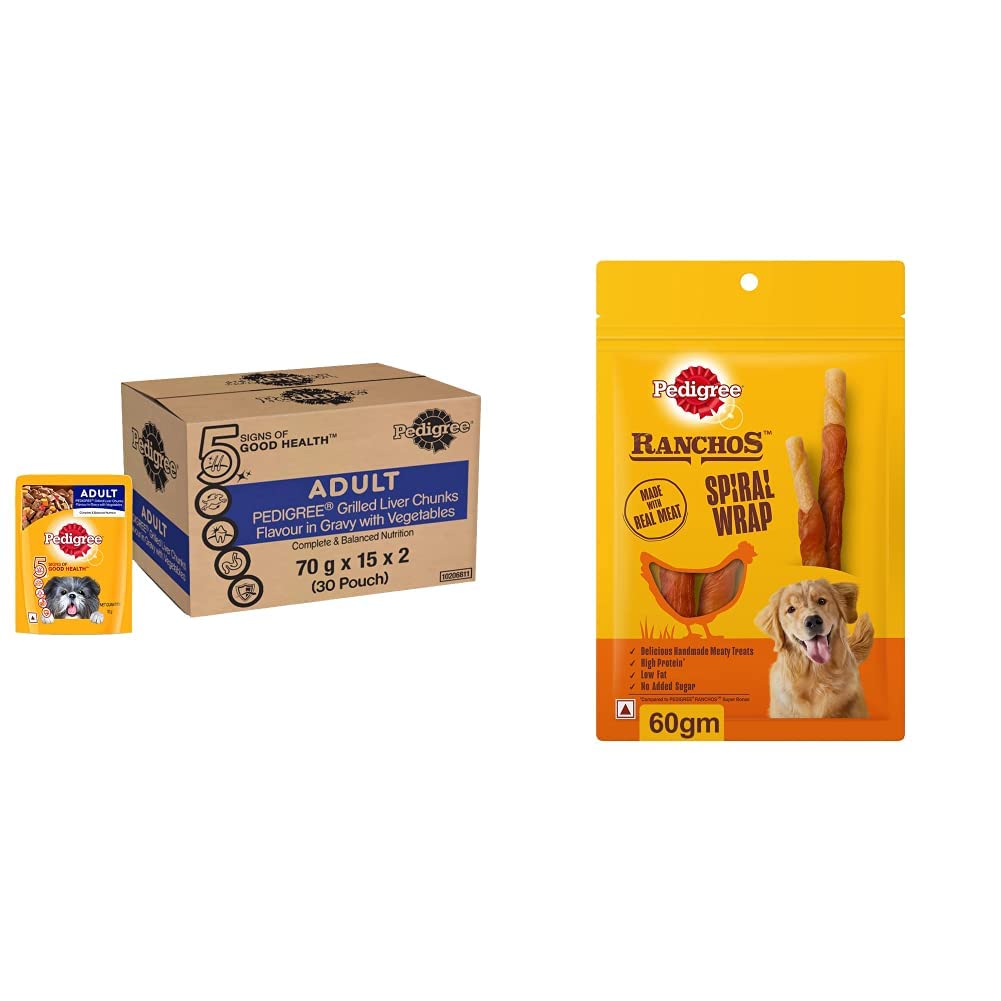 Pedigree Wet Food for Adult Dogs, Grilled Liver Chunks Flavour in Gravy with Vegetables, 30 Pouches (30 X 70 g)&Pedigree RANCHOS Spiral Wrap Treats for Dog, Chicken & Smoky Lamb Flavour, 60 g (B0BP5D2L3F) Amazon Price History, Amazon Price Tracker