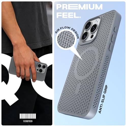Image of Outlouders Back Cover for iPhone 16 Pro Max | Honeycomb Cooling Design | Silicone Heat Dissipation | Mag-Safe Compatible | Shockproof Camera Protection Bumper Case (Grey Mag-Safe)