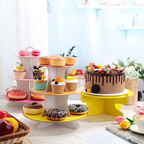 6 Pieces Colorful Cupcake Stand Set 3 Tier Cardboard Dessert Tower 1Tier Cupcake Display Stand Serving Cupcake Holder For Birthday Baby Shower All Themed Party Events Cake Display, Pink, Blue, Yellow #TOP2