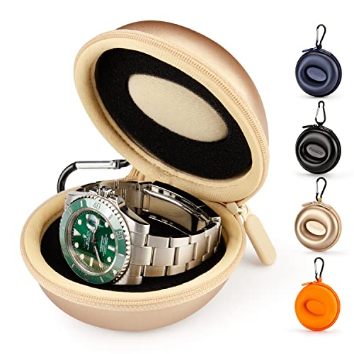 HELMDY Caja de Reloj, Portátil Caja Relojes Estuche de Viaje para Reloj, La Caja de Almacenamiento de Reloj con Cremallera, Con Mosquetón y Esponja, Adecuados para Todos Los Relojes 50 mm (Dorado)