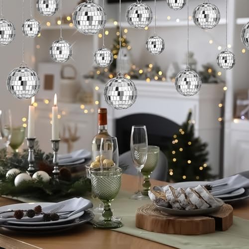 CLUEWR 20 Pcs Disco Balls, 4 Sizes Mini Mirror Ball Decorations Silver Hanging Ornaments with Rope for 70s Disco Theme Wedding Birthday Party Dance Music Prom Props