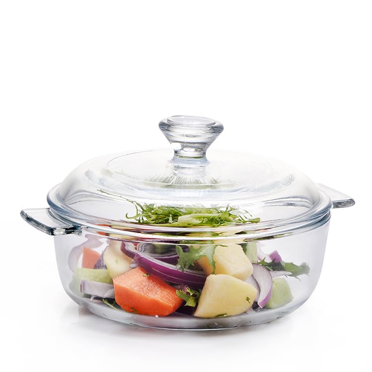 NEVINE POSH Collection Glass Casserole Deep Round - Oven and Microwave Safe Serving Bowl with Glass Lid, Multipurpose Casserole, 1000 ml (Pack of 1)