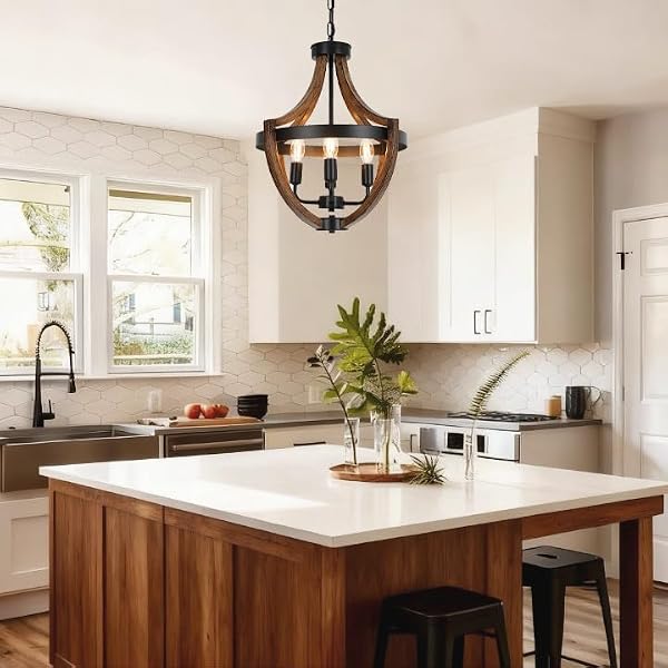 KRASTY Farmhouse Chandelier, 4 Light Metal Rustic Hanging Pendant Light, Vintage Wood Ceiling Light Fixture for Kitchen Island,Dining Room,Entryway,Foyer,Hallway,Bedroom by KRASTY - Image 2