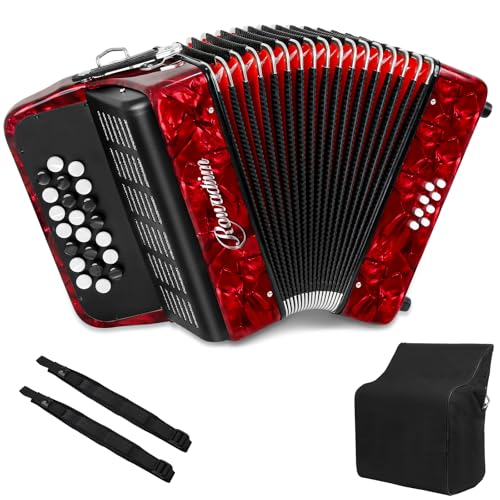Accordion - 22 keys 8 bass, lightweight piano accordion for beginners, vibrant design for beginners and adults for easy learning (8 Bass, Red)