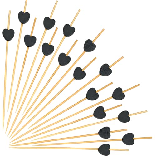 Catelves Lot de 100 brochettes à cocktail en bois en forme de cœur - Décoration de cocktail - En forme de cœur - Noir - 12 cm - Accessoires de cocktail