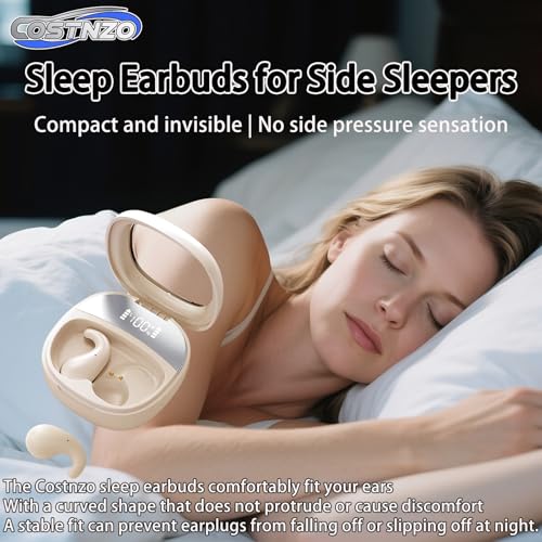 Sleep Earbuds for Side Sleepers - Noise Cancelling Headphones with Sleep Mode, Non-in Ear Design for Pain-Free All Night Comfort (Beige)