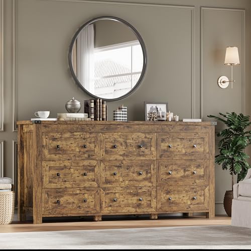 Image of BORNOON 9-Drawer Dresser, Modern Wooden Storage Chest of Drawers, Dresser TV Stand, Wood Drawer Organizer with Metal Handles for Bedroom, Living Room, Hallway