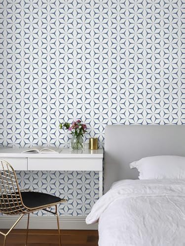 Image of Blue and White Hexa Geometric Wallpaper,Self-Adhesive, Waterproof PVC Vinyl Wall Sticker & Peel and Stick Contact Paper for Kitchen, Wardrobe, Furniture & Home Decor Renovation (45x300 cm)
