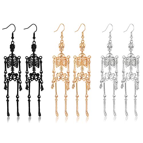 NVENF 3Pairs Halloween Skeleton Earrings for Women Gothic Skull Skeleton Drop Earrings Dress Up Costume Earring for Women