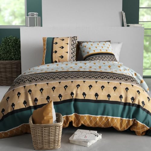 AltoBuy Parure Housse de Couette 240x220cm + 2 taies Motif Art-déco Noir Vert et Jaune 100% Coton - PEIO