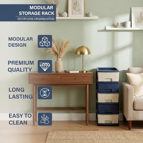 Image of Plastic Modular Drawer Storage Chest Of Drawers Organizer Storage Box, Large Stomo Racks For Multipurpose Anti-slip Shoes Organizers (White & Blue, 5 Layer)