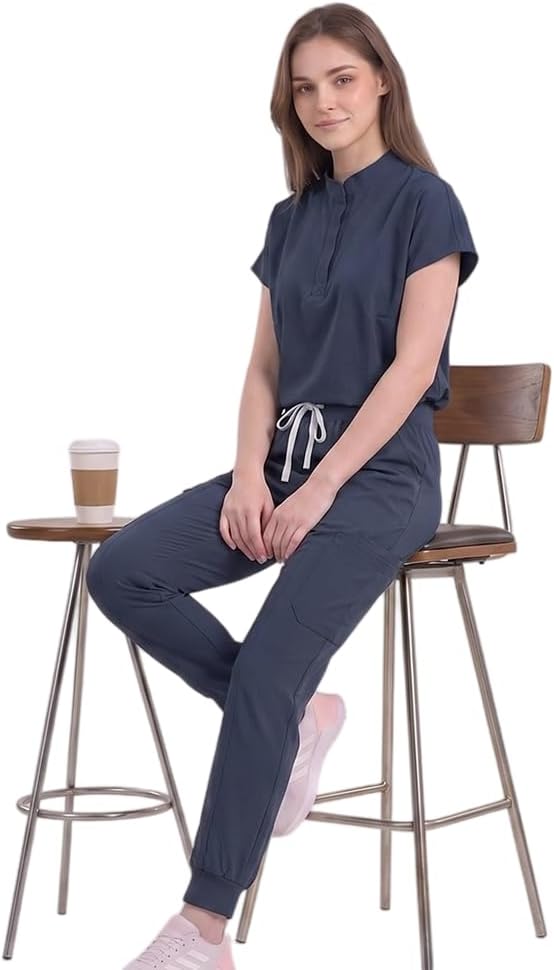 Women Stretch Scrubs Set, Sleeveless High Waist Top & Jogger Pants